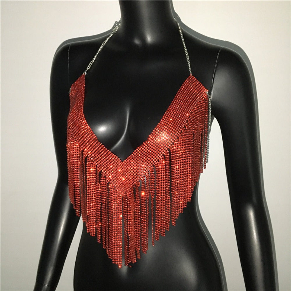 Glamorous Golden-Tone Rhinestone Tassel Necklace - Luxurious Alloy Crop Top with Sparkling Fringe Detail, Perfect for Parties & Celebrations